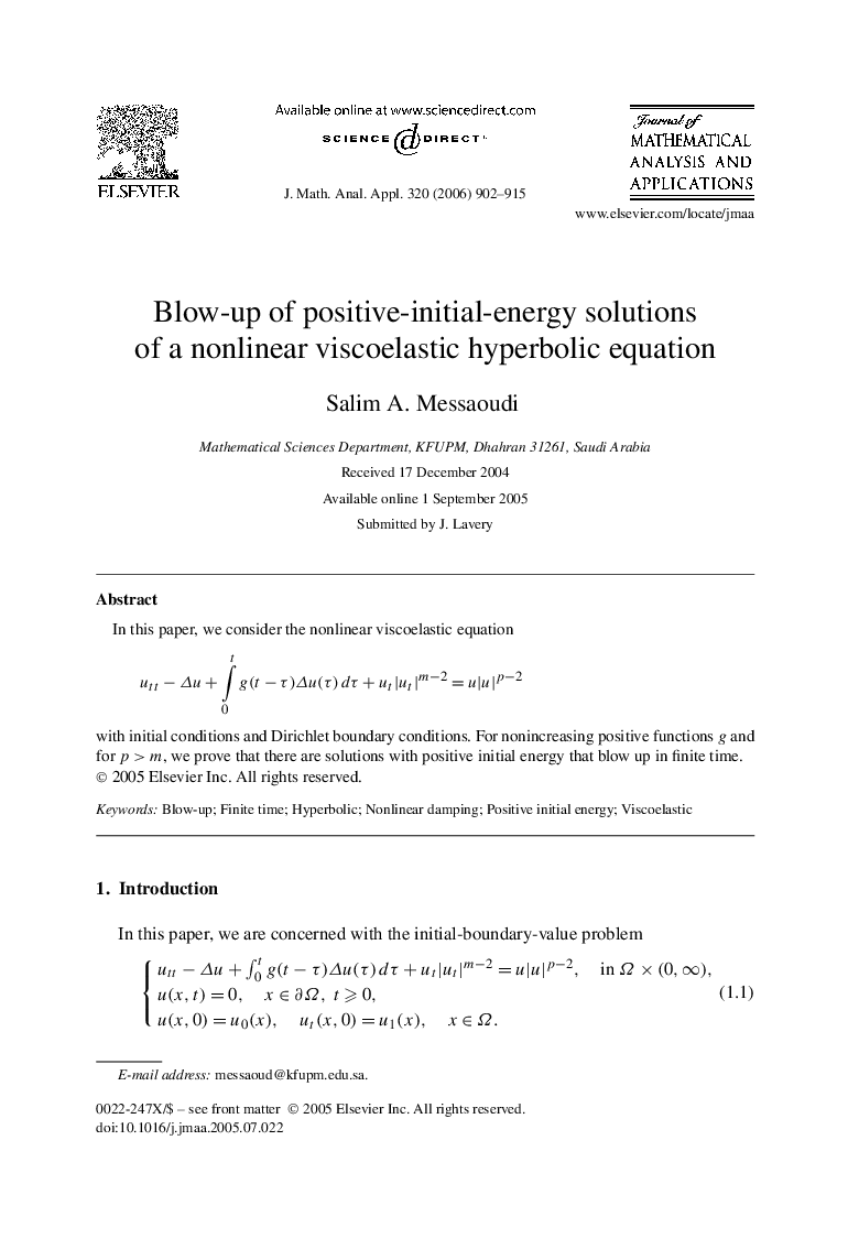 Blow-up of positive-initial-energy solutions of a nonlinear viscoelastic hyperbolic equation