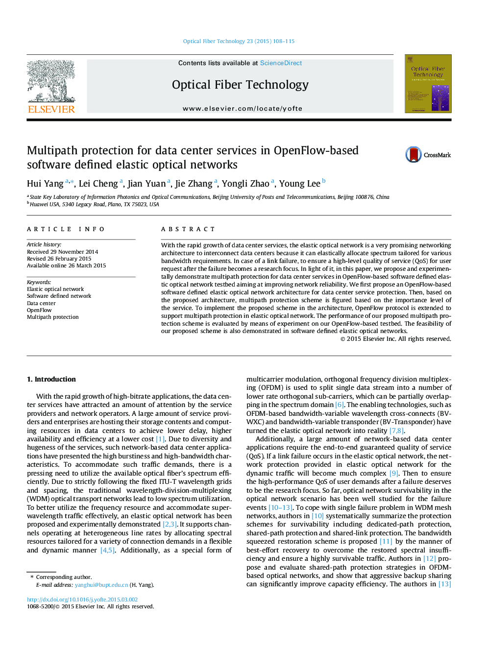 Multipath protection for data center services in OpenFlow-based software defined elastic optical networks