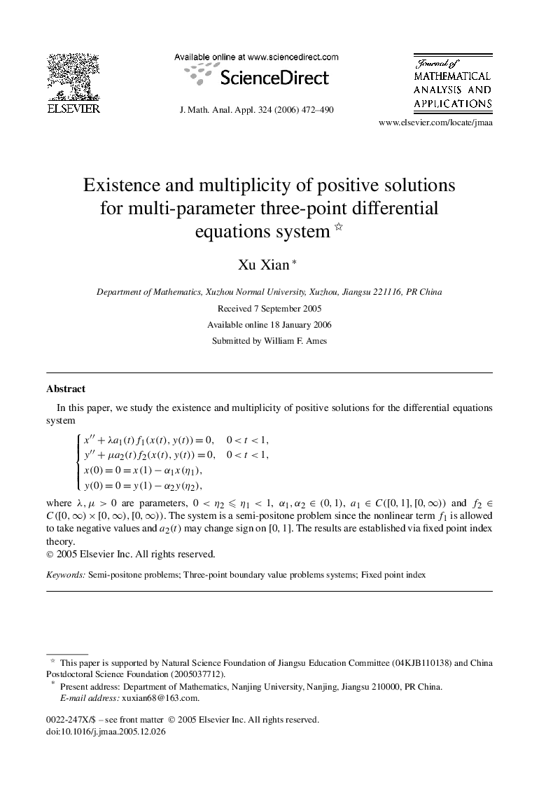 Existence and multiplicity of positive solutions for multi-parameter three-point differential equations system 