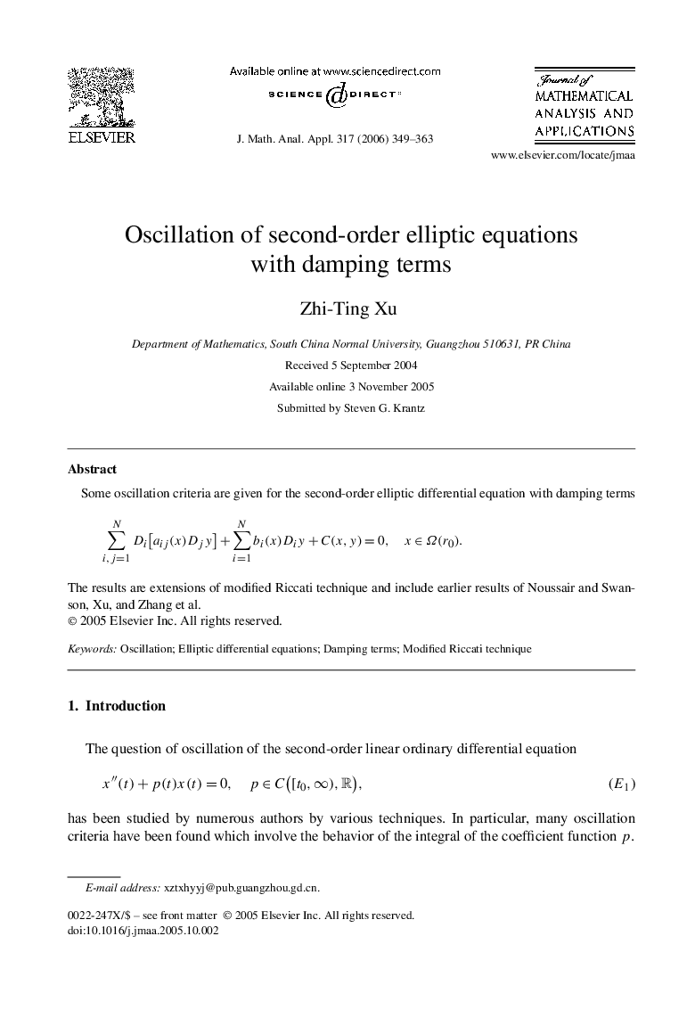 Oscillation of second-order elliptic equations with damping terms