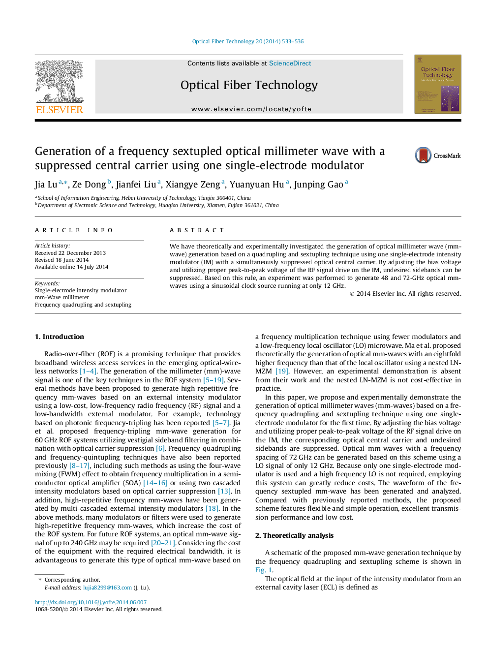 Generation of a frequency sextupled optical millimeter wave with a suppressed central carrier using one single-electrode modulator