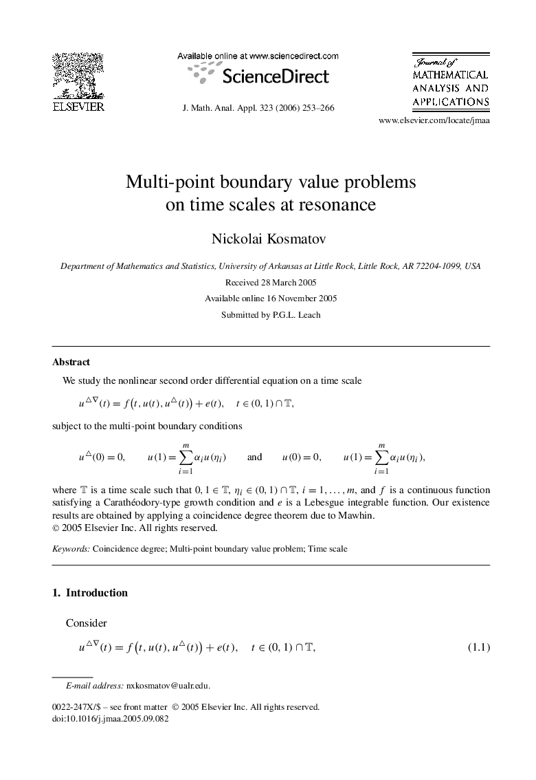 Multi-point boundary value problems on time scales at resonance