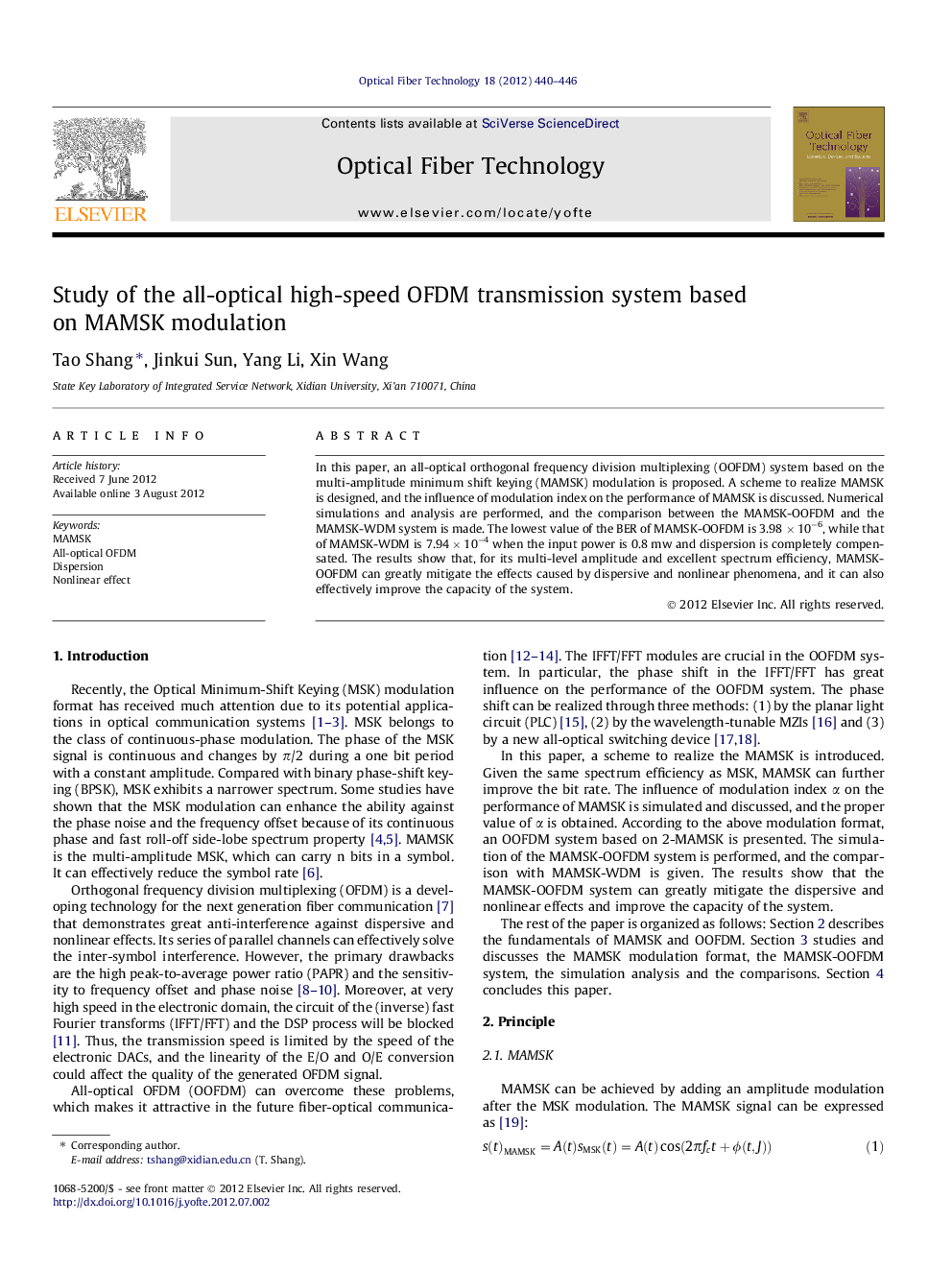 Study of the all-optical high-speed OFDM transmission system based on MAMSK modulation