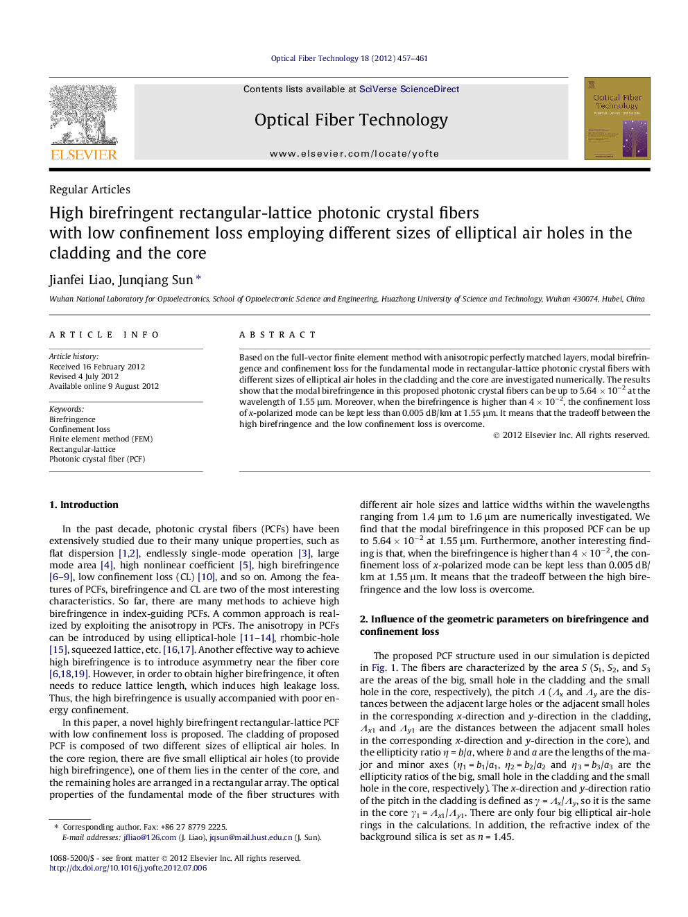 High birefringent rectangular-lattice photonic crystal fibers with low confinement loss employing different sizes of elliptical air holes in the cladding and the core