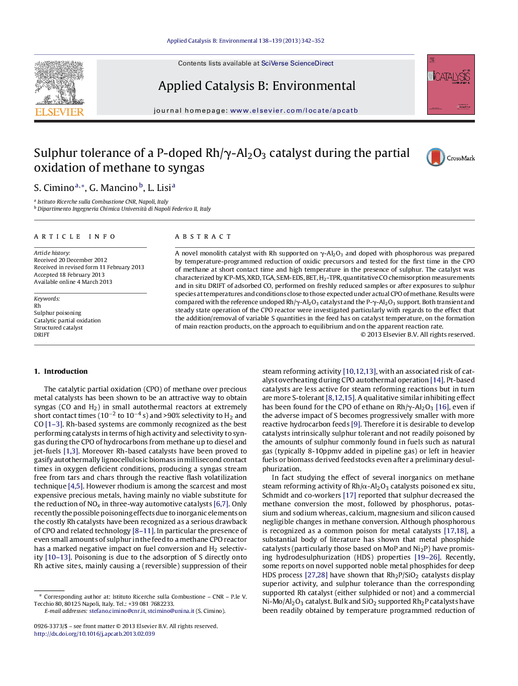 Sulphur tolerance of a P-doped Rh/γ-Al2O3 catalyst during the partial oxidation of methane to syngas