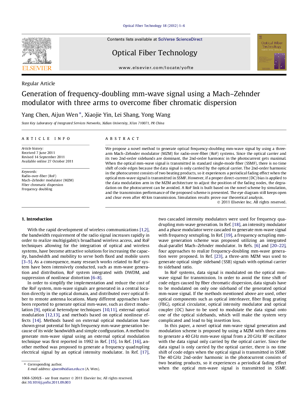 Generation of frequency-doubling mm-wave signal using a Mach–Zehnder modulator with three arms to overcome fiber chromatic dispersion