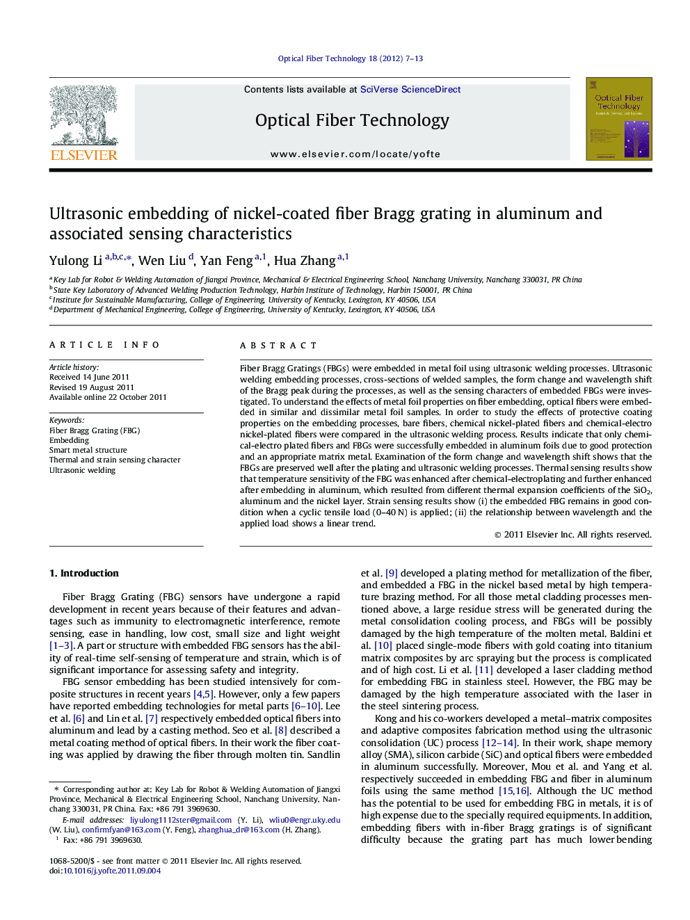 Ultrasonic embedding of nickel-coated fiber Bragg grating in aluminum and associated sensing characteristics