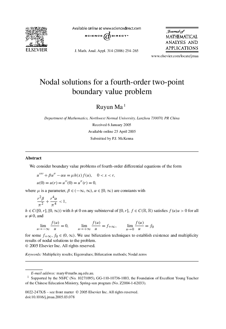 Nodal solutions for a fourth-order two-point boundary value problem