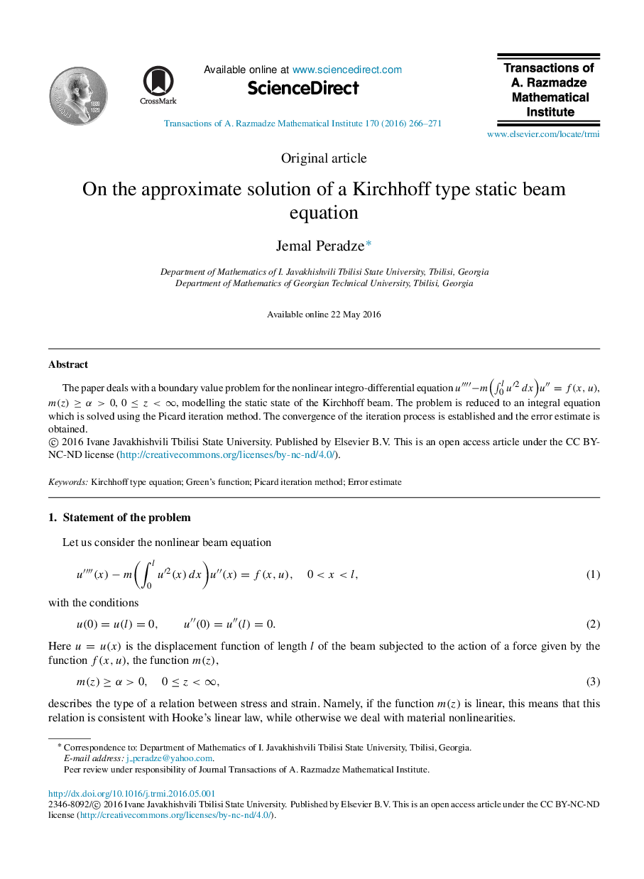 On the approximate solution of a Kirchhoff type static beam equation