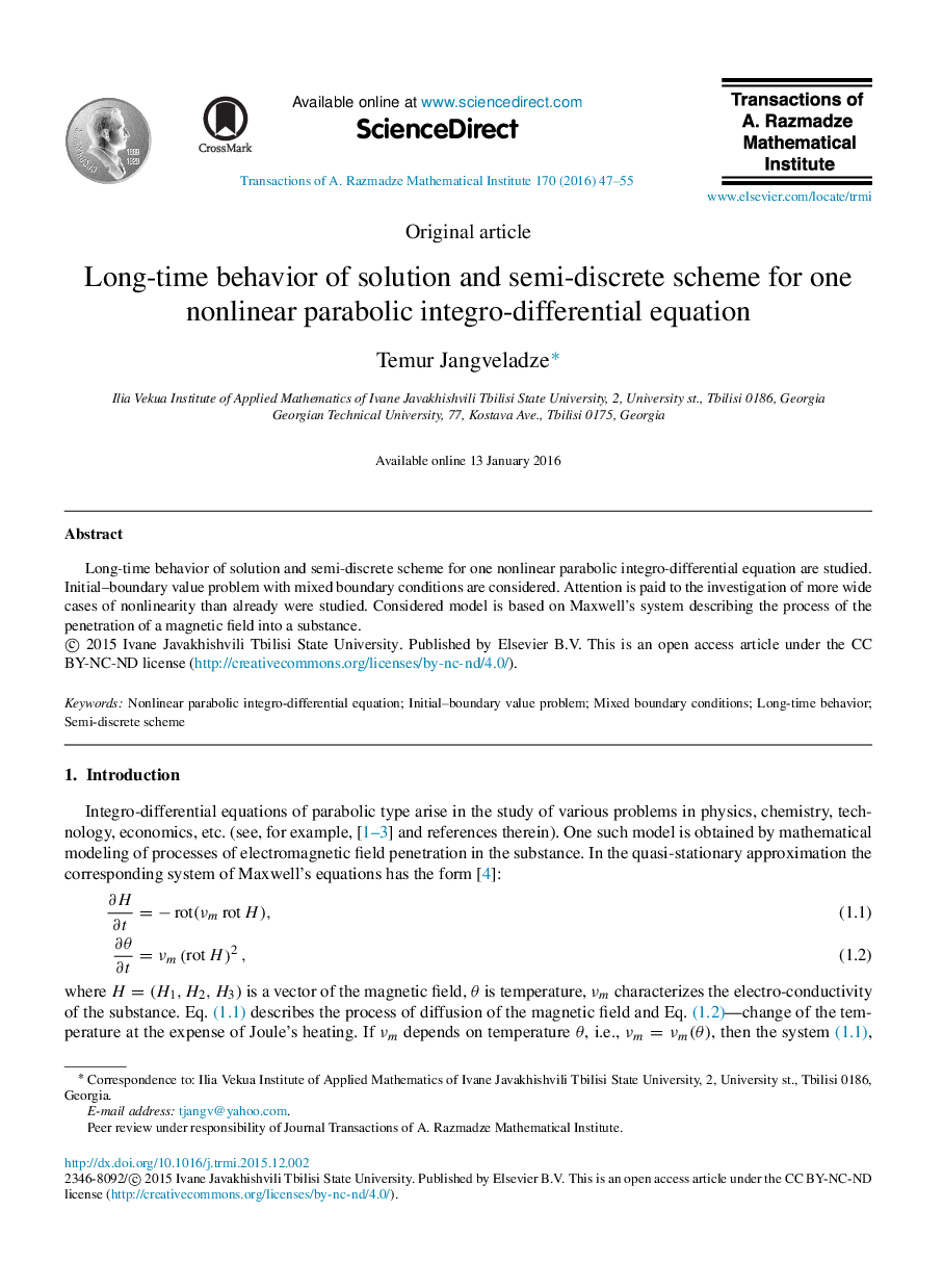 Long-time behavior of solution and semi-discrete scheme for one nonlinear parabolic integro-differential equation