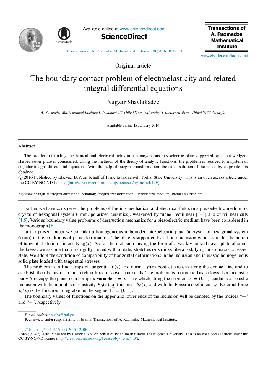 The boundary contact problem of electroelasticity and related integral differential equations