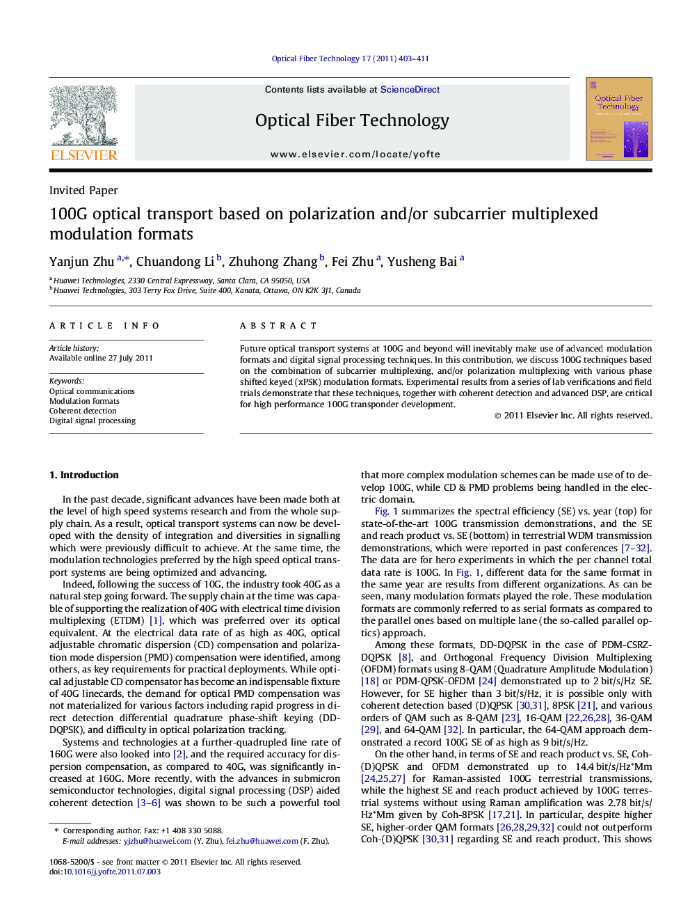 100G optical transport based on polarization and/or subcarrier multiplexed modulation formats