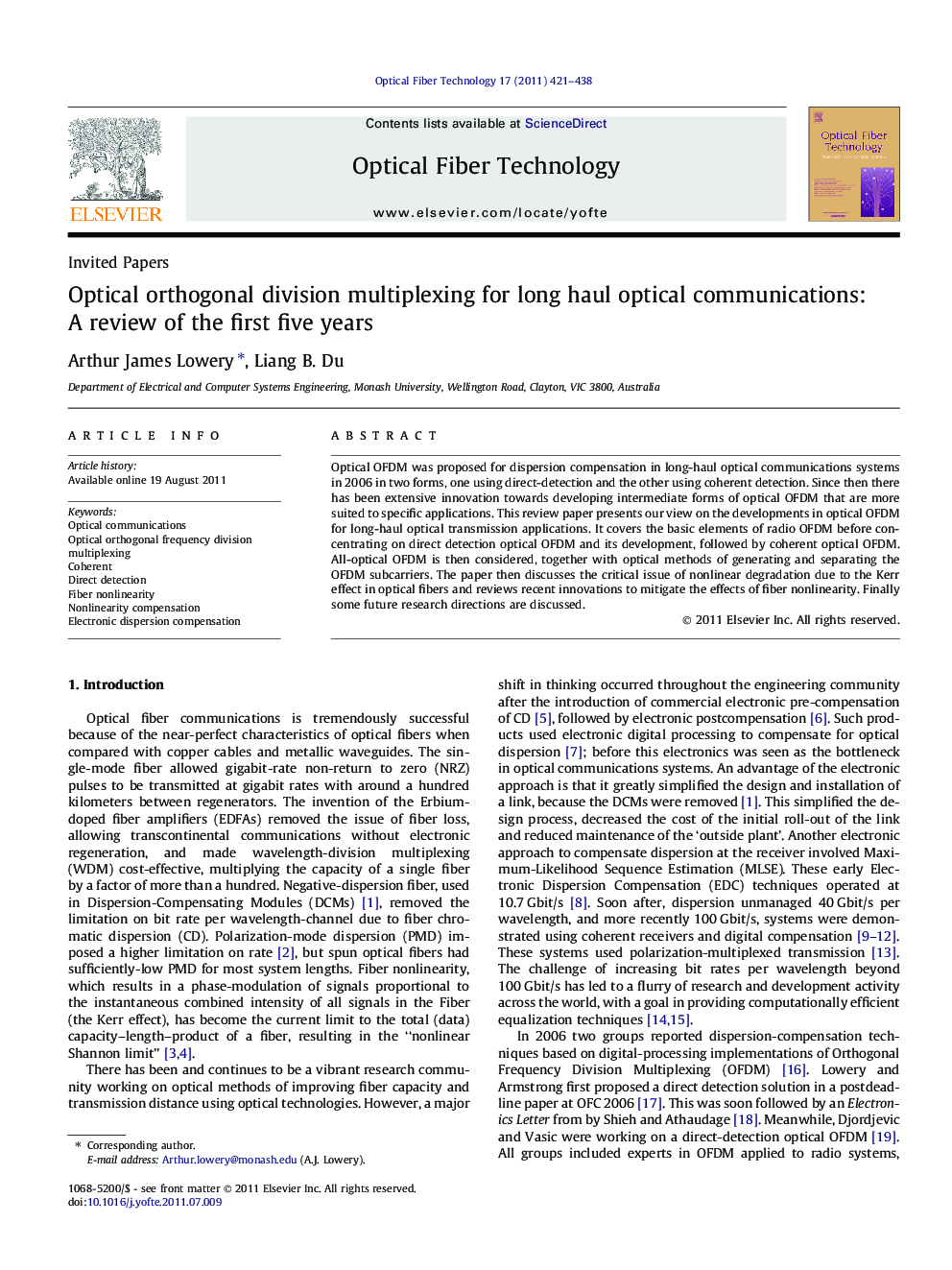 Optical orthogonal division multiplexing for long haul optical communications: A review of the first five years