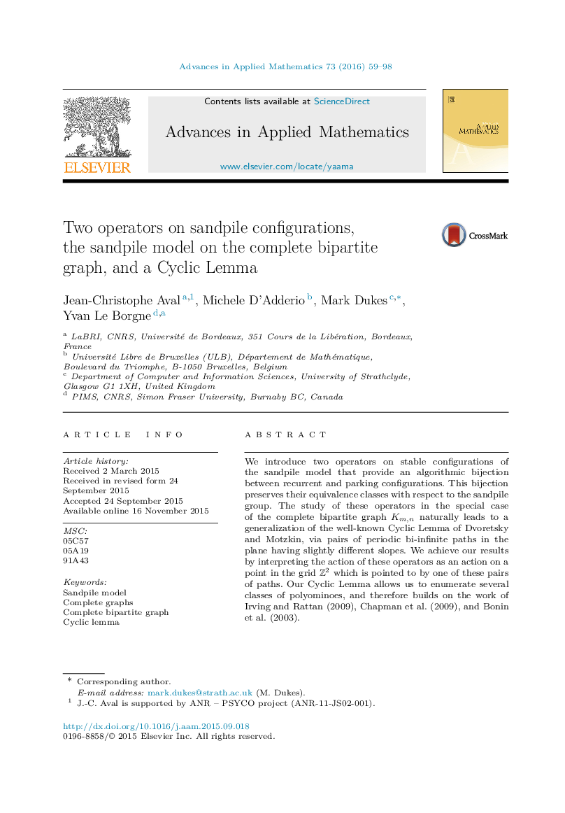 Two operators on sandpile configurations, the sandpile model on the complete bipartite graph, and a Cyclic Lemma