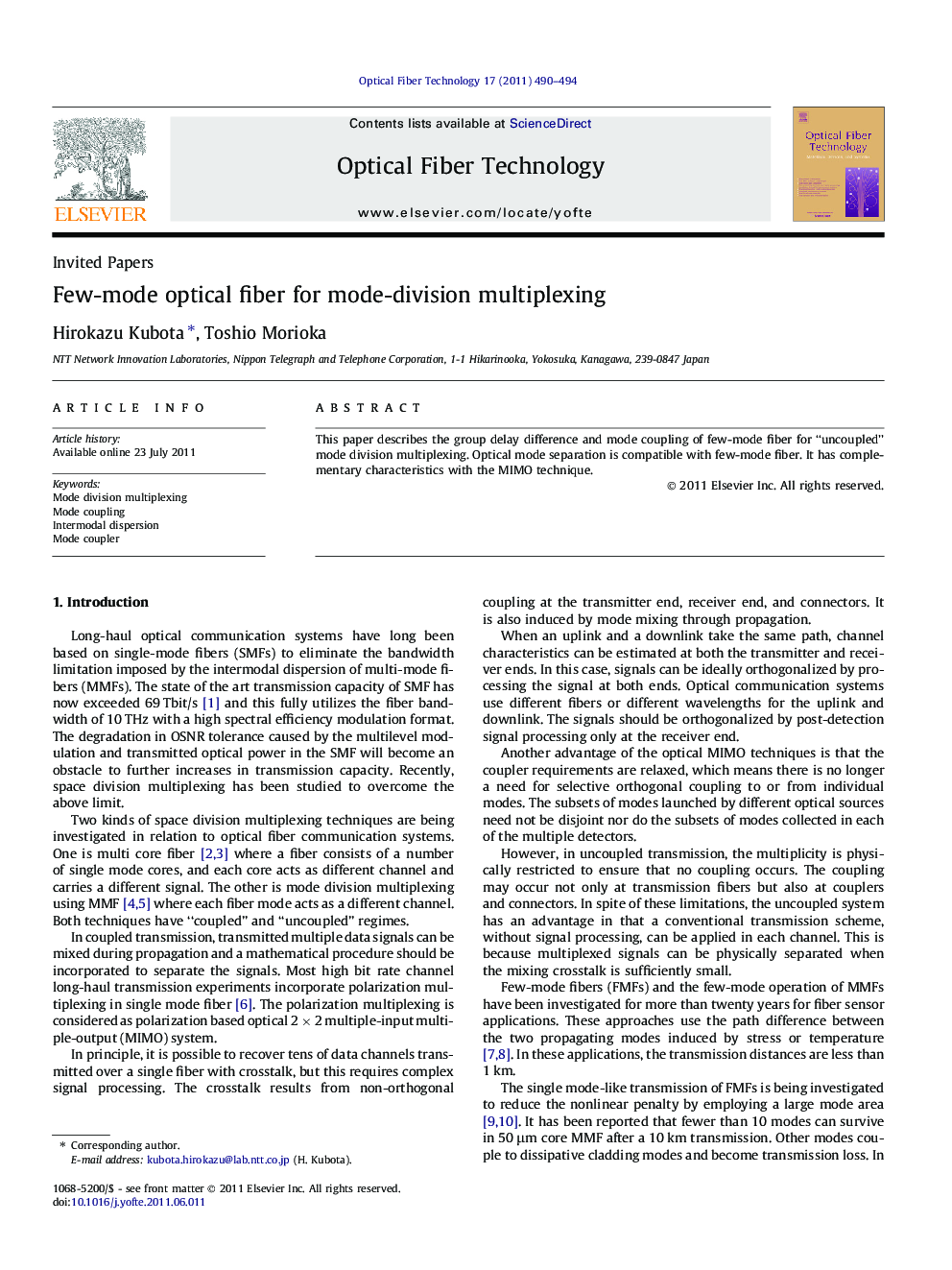 Few-mode optical fiber for mode-division multiplexing