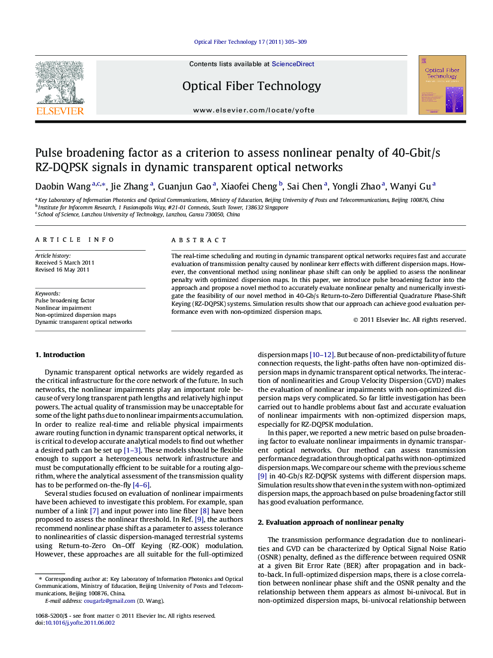Pulse broadening factor as a criterion to assess nonlinear penalty of 40-Gbit/s RZ-DQPSK signals in dynamic transparent optical networks