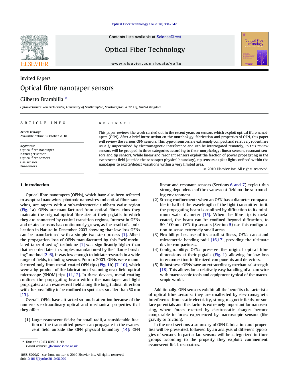 Optical fibre nanotaper sensors