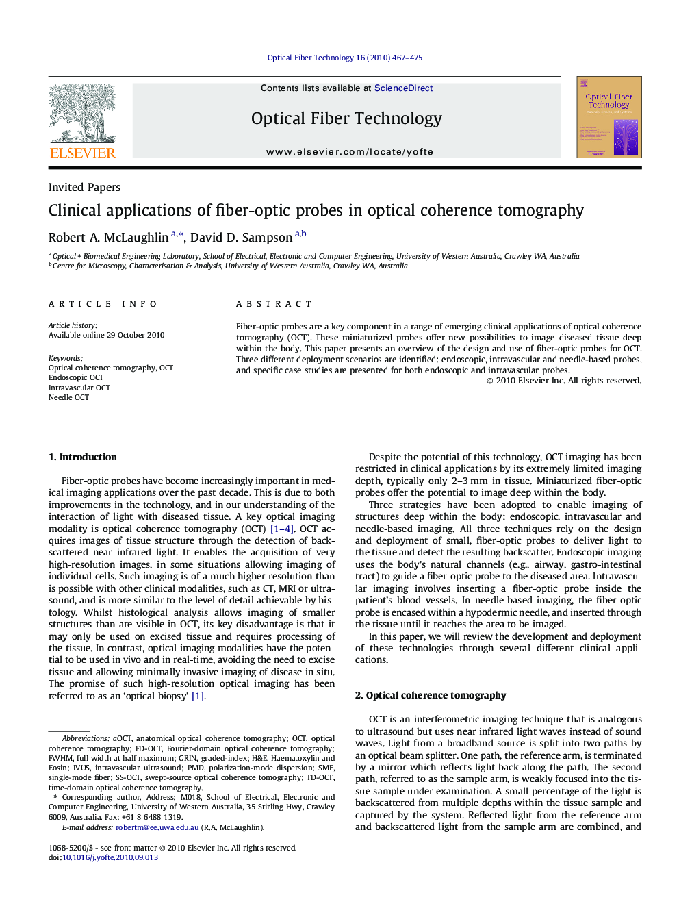 Clinical applications of fiber-optic probes in optical coherence tomography