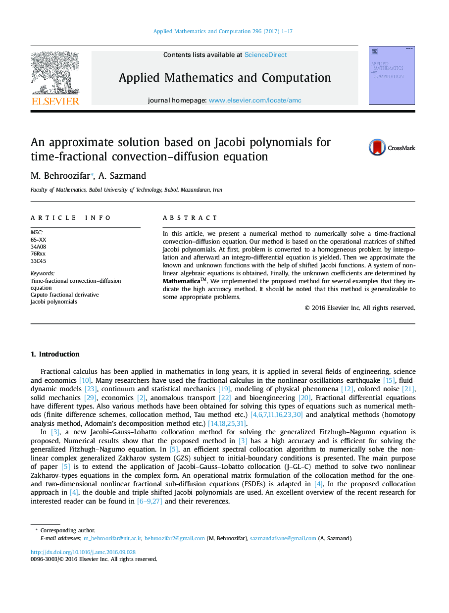 An approximate solution based on Jacobi polynomials for time-fractional convection–diffusion equation