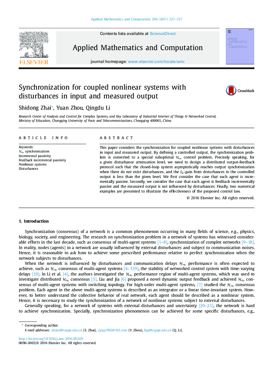 Synchronization for coupled nonlinear systems with disturbances in input and measured output