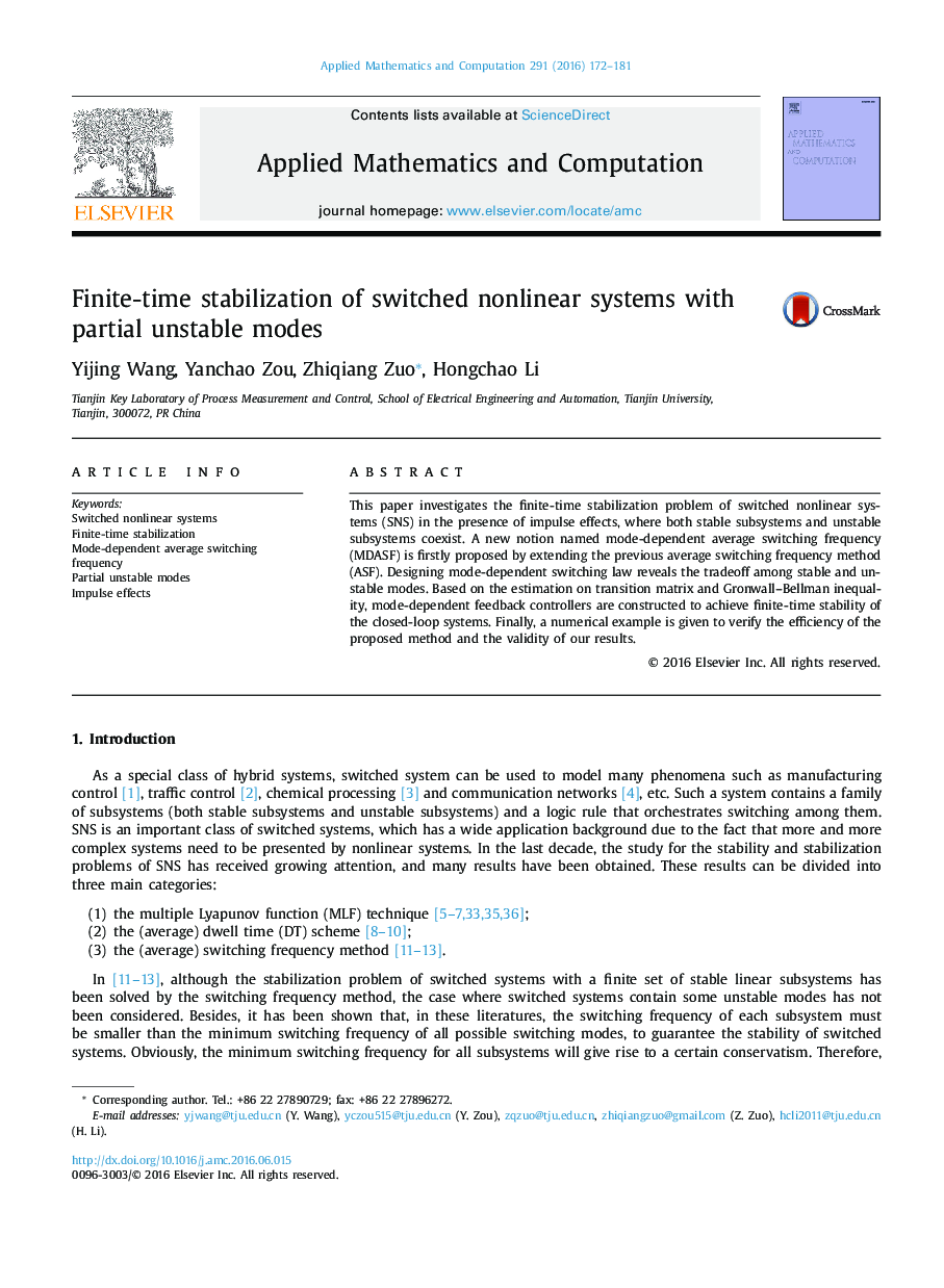 Finite-time stabilization of switched nonlinear systems with partial unstable modes