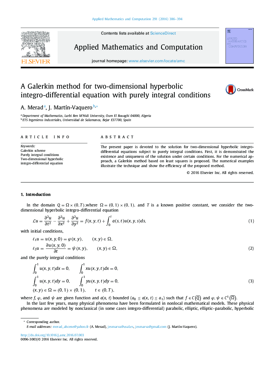 A Galerkin method for two-dimensional hyperbolic integro-differential equation with purely integral conditions