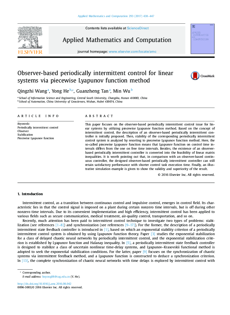 Observer-based periodically intermittent control for linear systems via piecewise Lyapunov function method