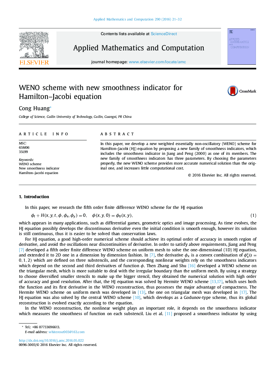 WENO scheme with new smoothness indicator for Hamilton–Jacobi equation