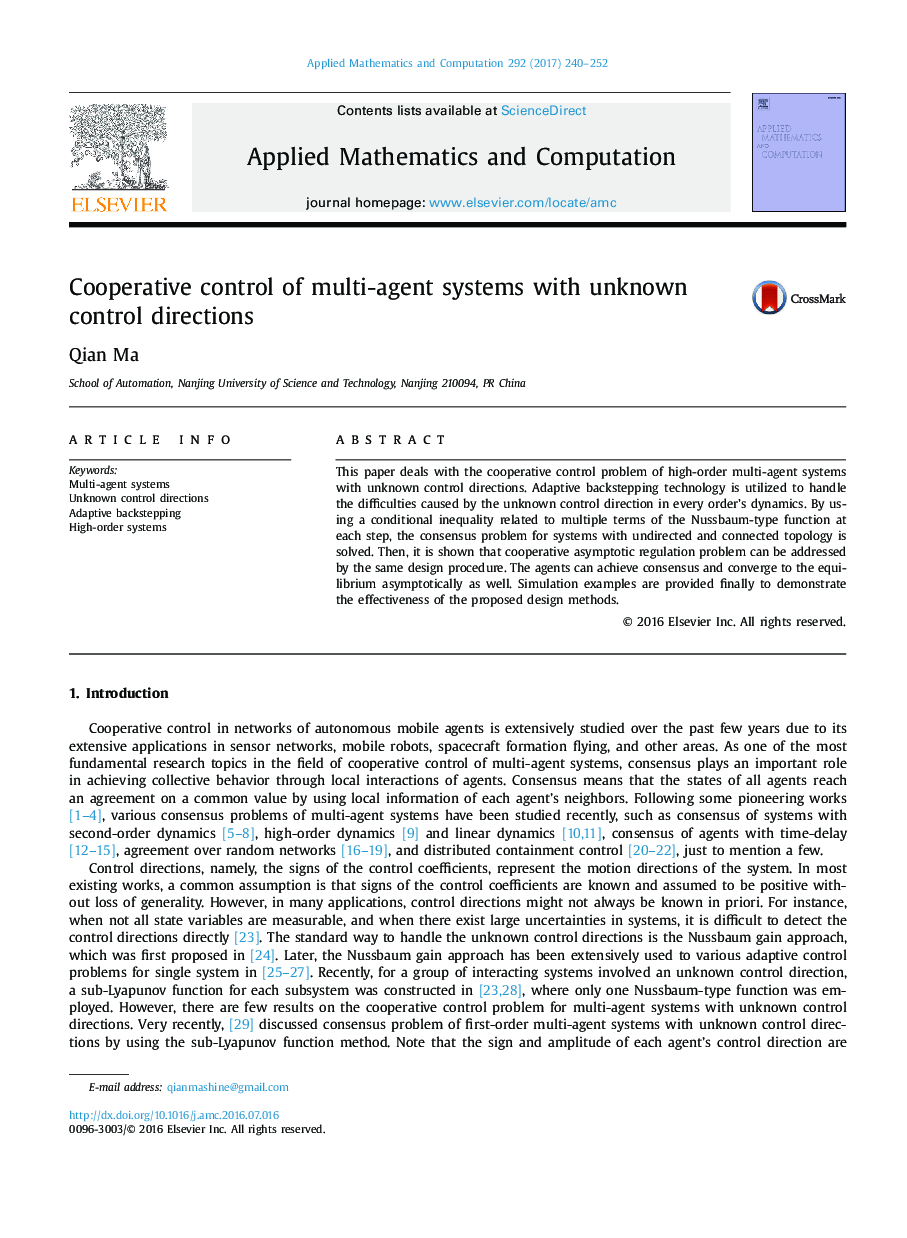 Cooperative control of multi-agent systems with unknown control directions