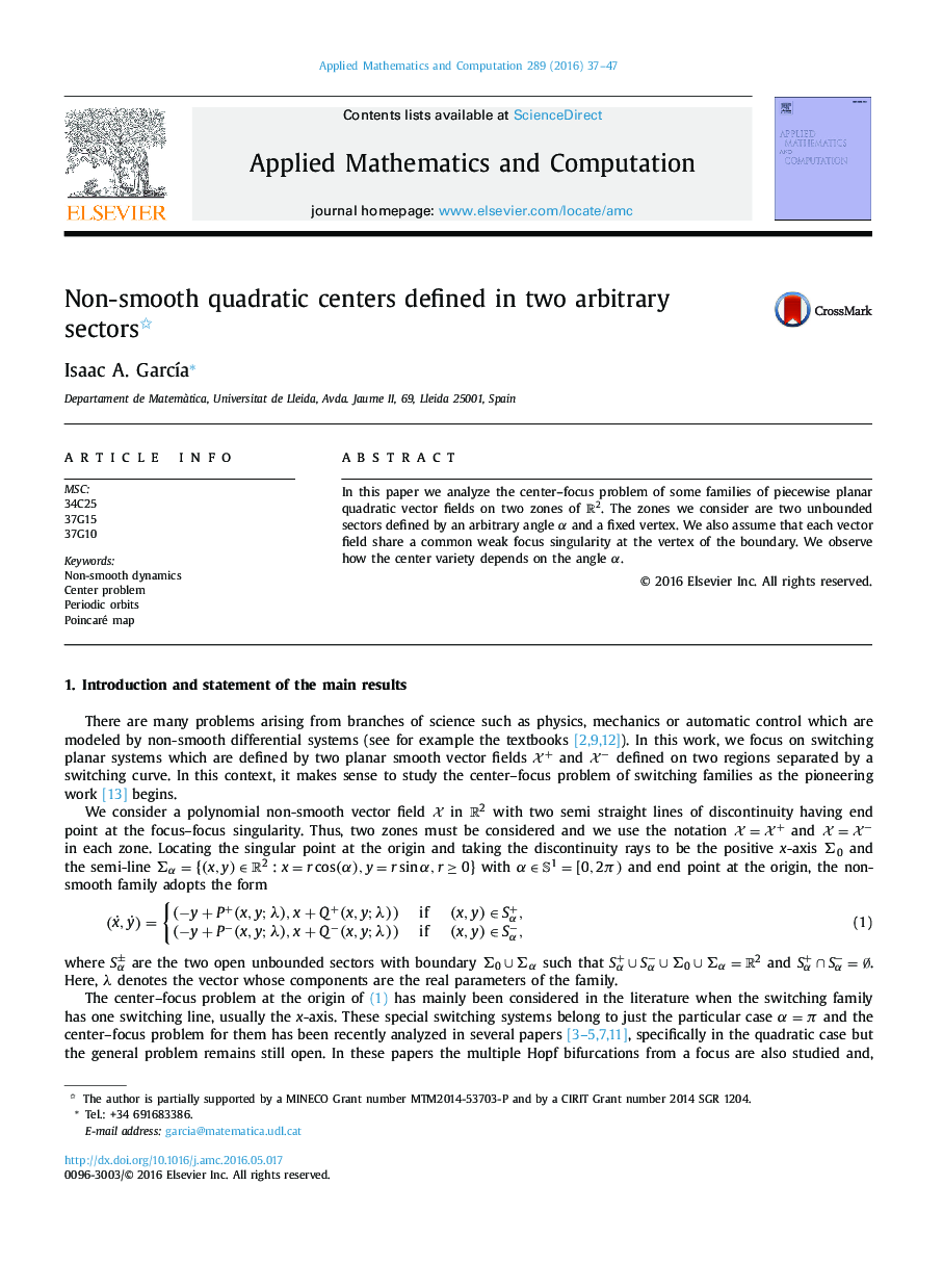 Non-smooth quadratic centers defined in two arbitrary sectors 