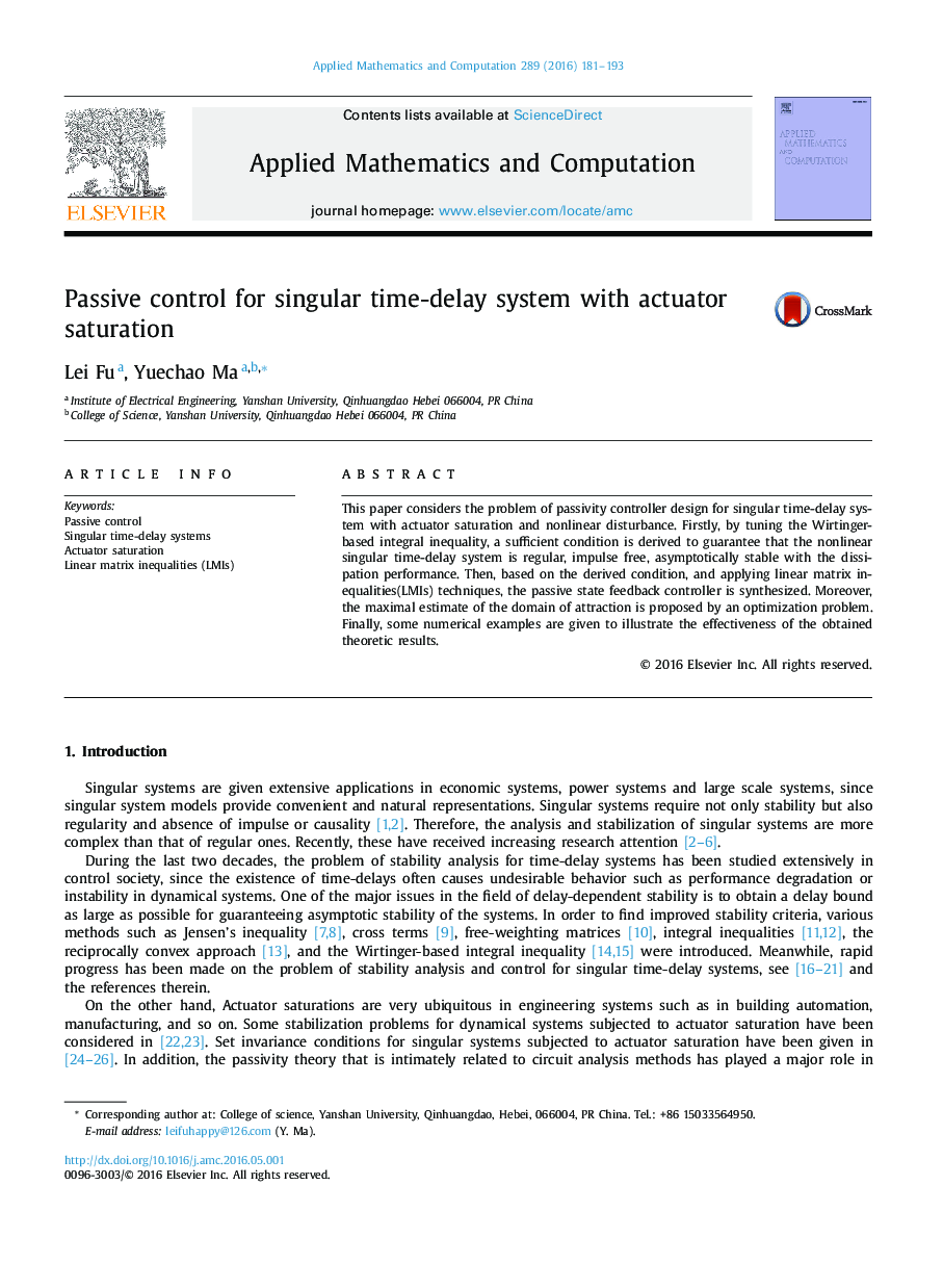 Passive control for singular time-delay system with actuator saturation