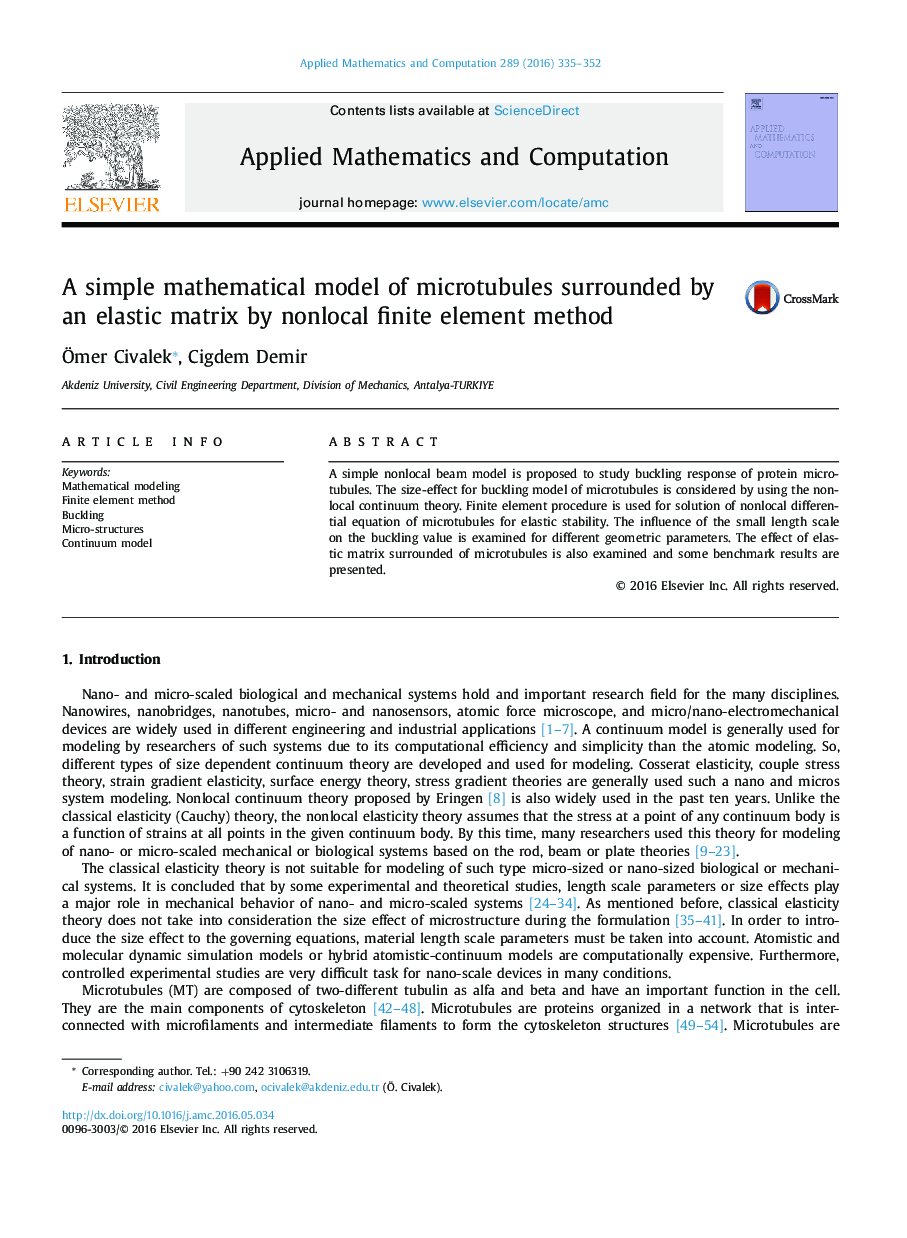 A simple mathematical model of microtubules surrounded by an elastic matrix by nonlocal finite element method