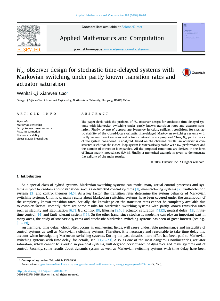 H∞ observer design for stochastic time-delayed systems with Markovian switching under partly known transition rates and actuator saturation