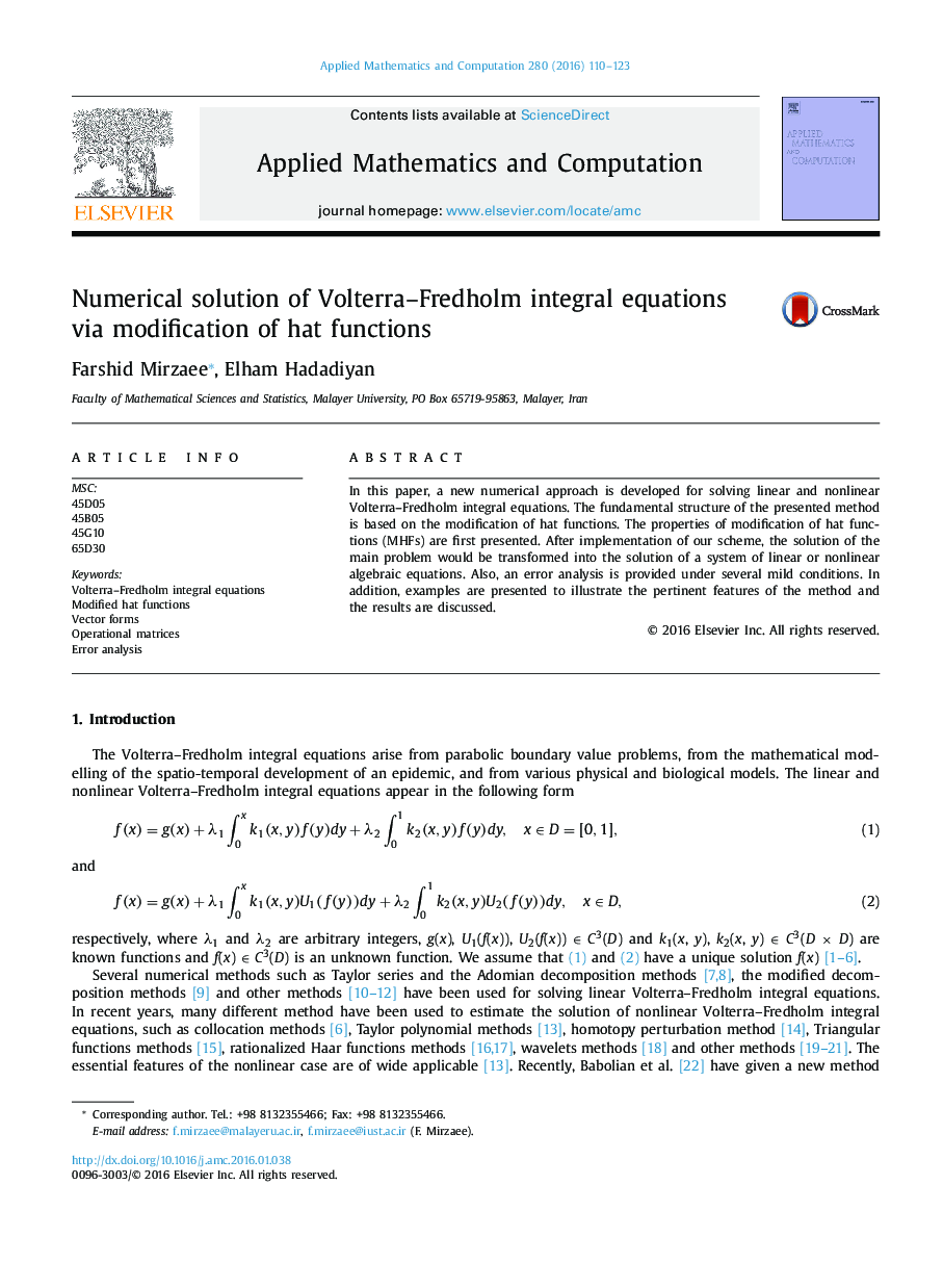 Numerical solution of Volterra–Fredholm integral equations via modification of hat functions