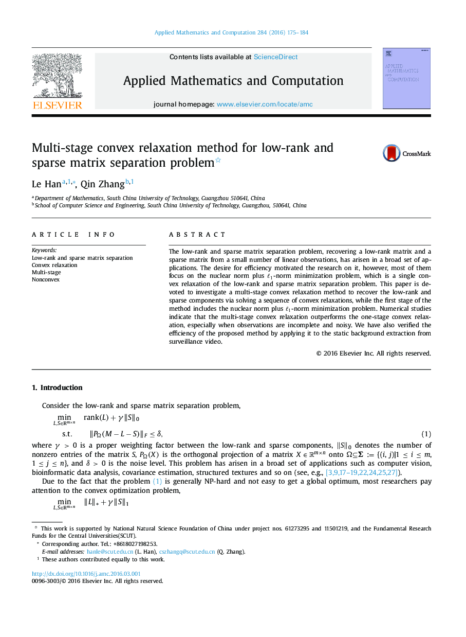 Multi-stage convex relaxation method for low-rank and sparse matrix separation problem 