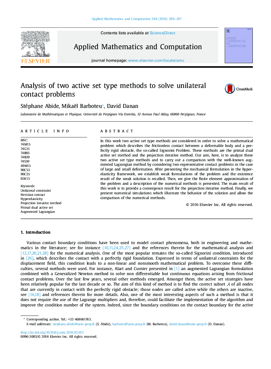 Analysis of two active set type methods to solve unilateral contact problems