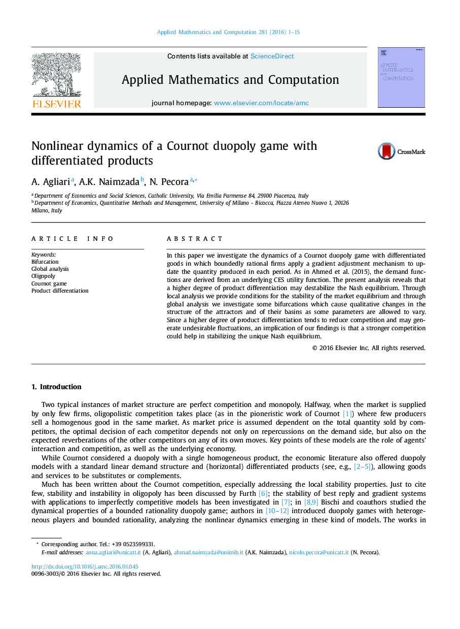 Nonlinear dynamics of a Cournot duopoly game with differentiated products