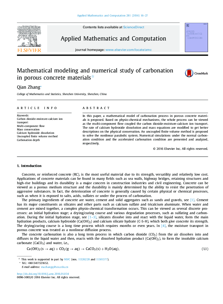 Mathematical modeling and numerical study of carbonation in porous concrete materials 