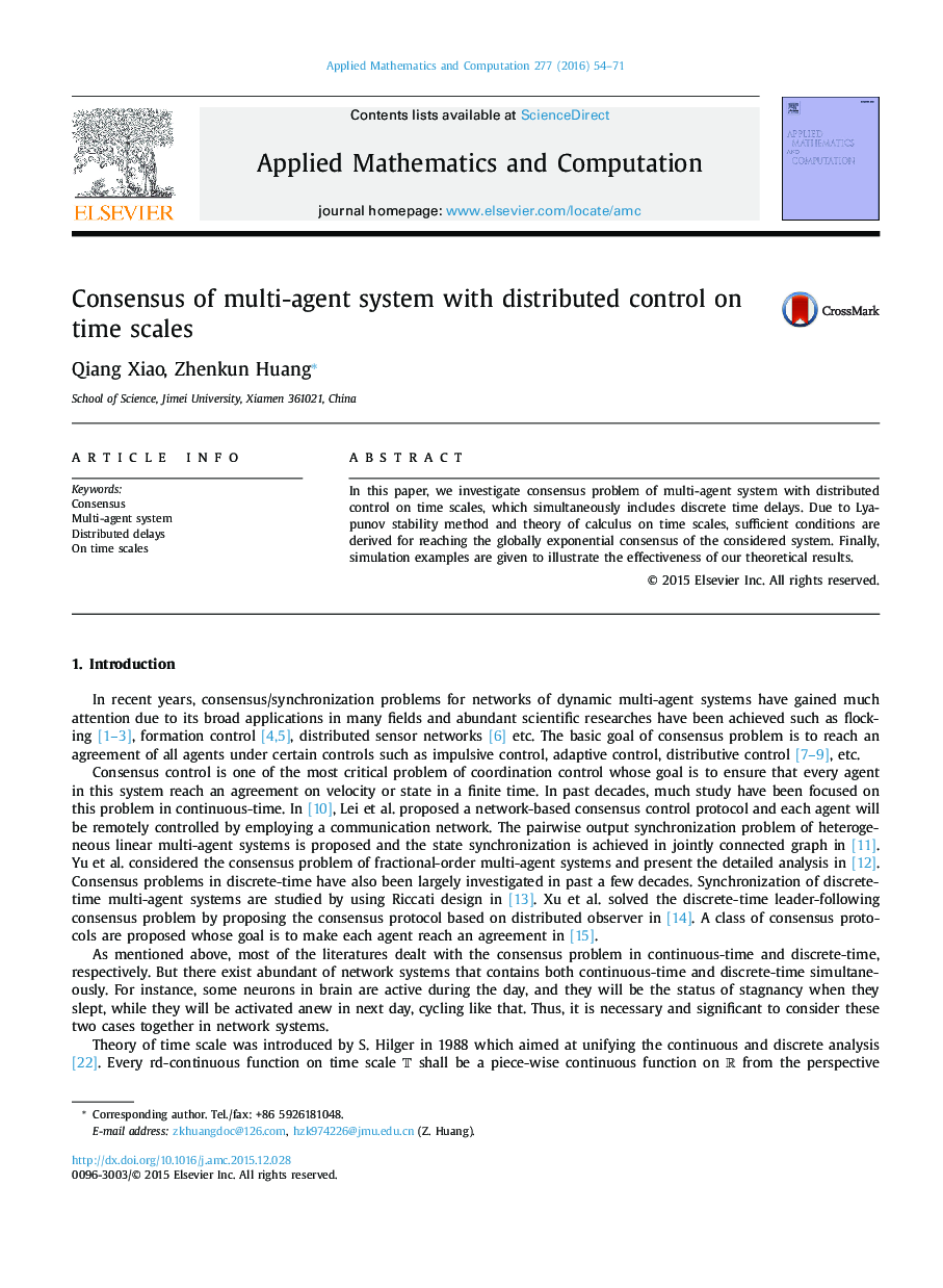 Consensus of multi-agent system with distributed control on time scales