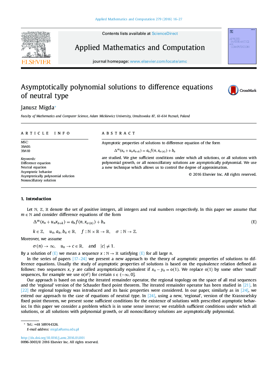 Asymptotically polynomial solutions to difference equations of neutral type