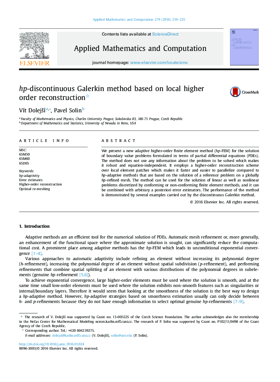 hp-discontinuous Galerkin method based on local higher order reconstruction 