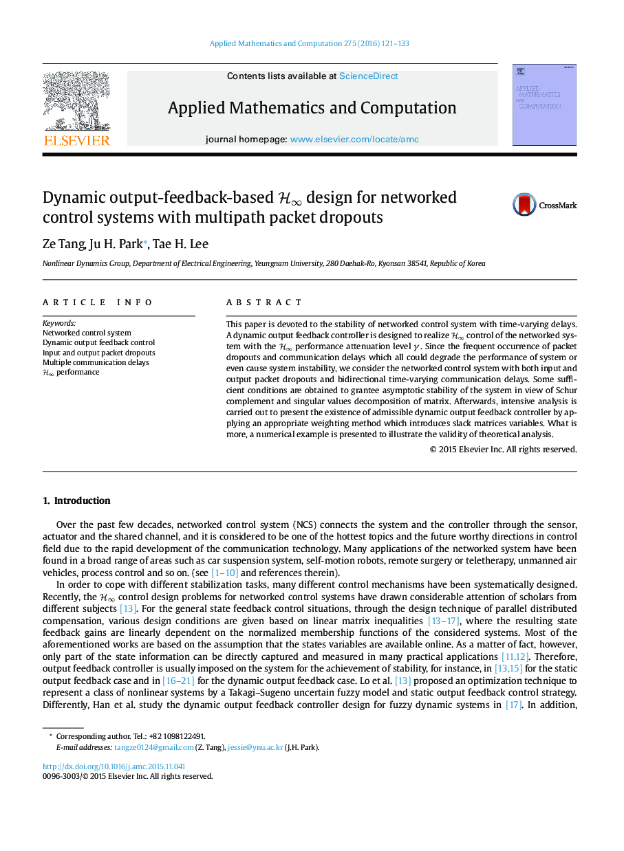 Dynamic output-feedback-based H∞H∞ design for networked control systems with multipath packet dropouts