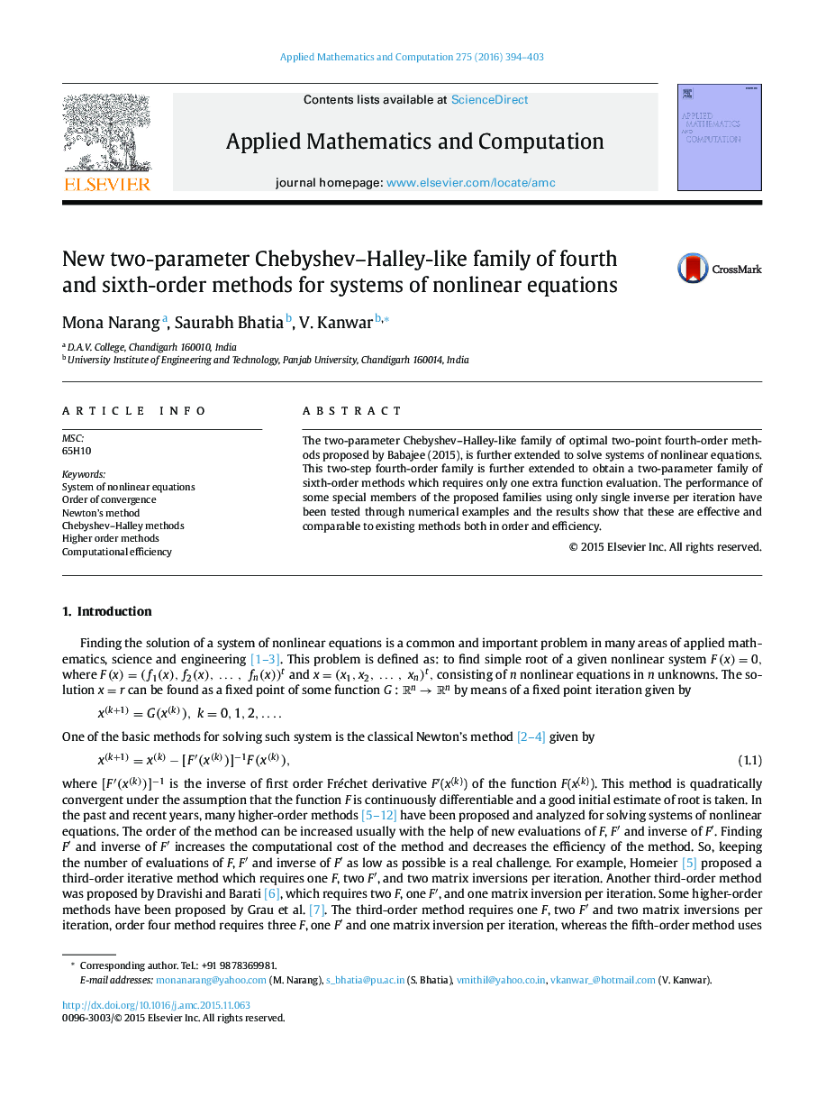 New two-parameter Chebyshev–Halley-like family of fourth and sixth-order methods for systems of nonlinear equations