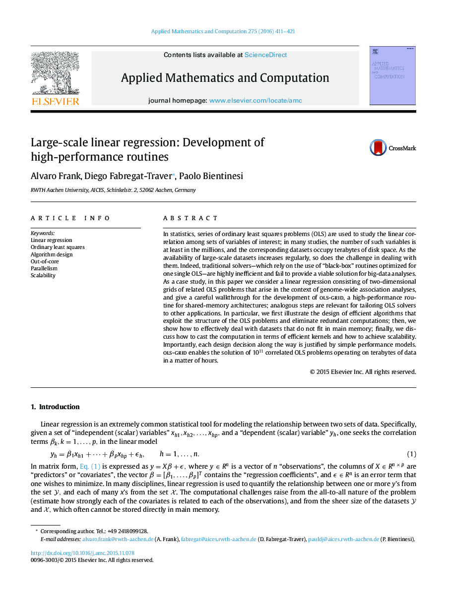 Large-scale linear regression: Development of high-performance routines