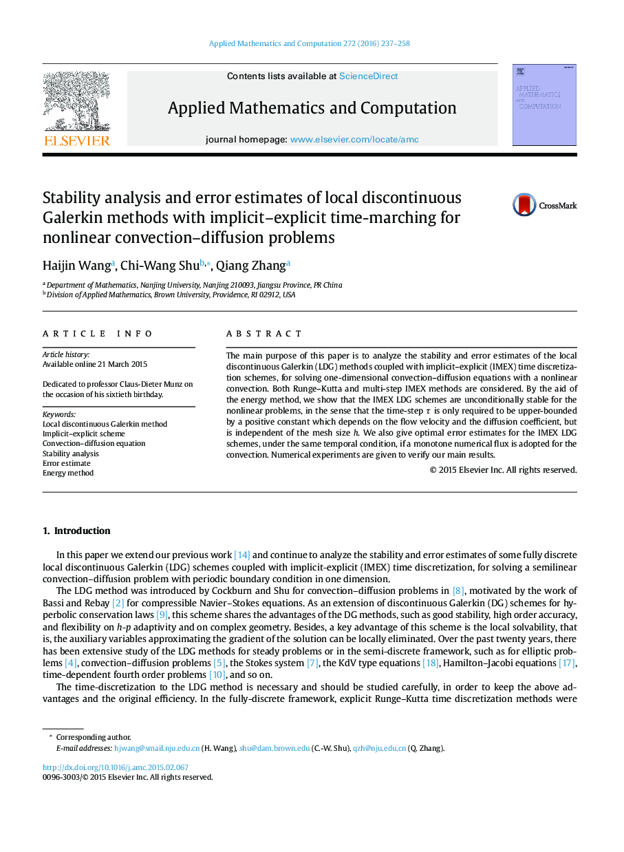 Stability analysis and error estimates of local discontinuous Galerkin methods with implicit–explicit time-marching for nonlinear convection–diffusion problems