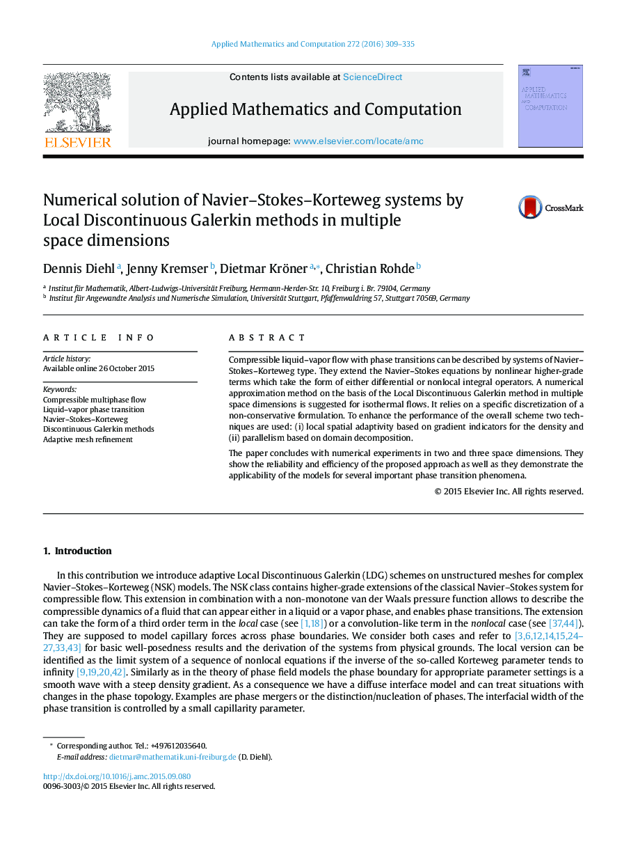 Numerical solution of Navier–Stokes–Korteweg systems by Local Discontinuous Galerkin methods in multiple space dimensions