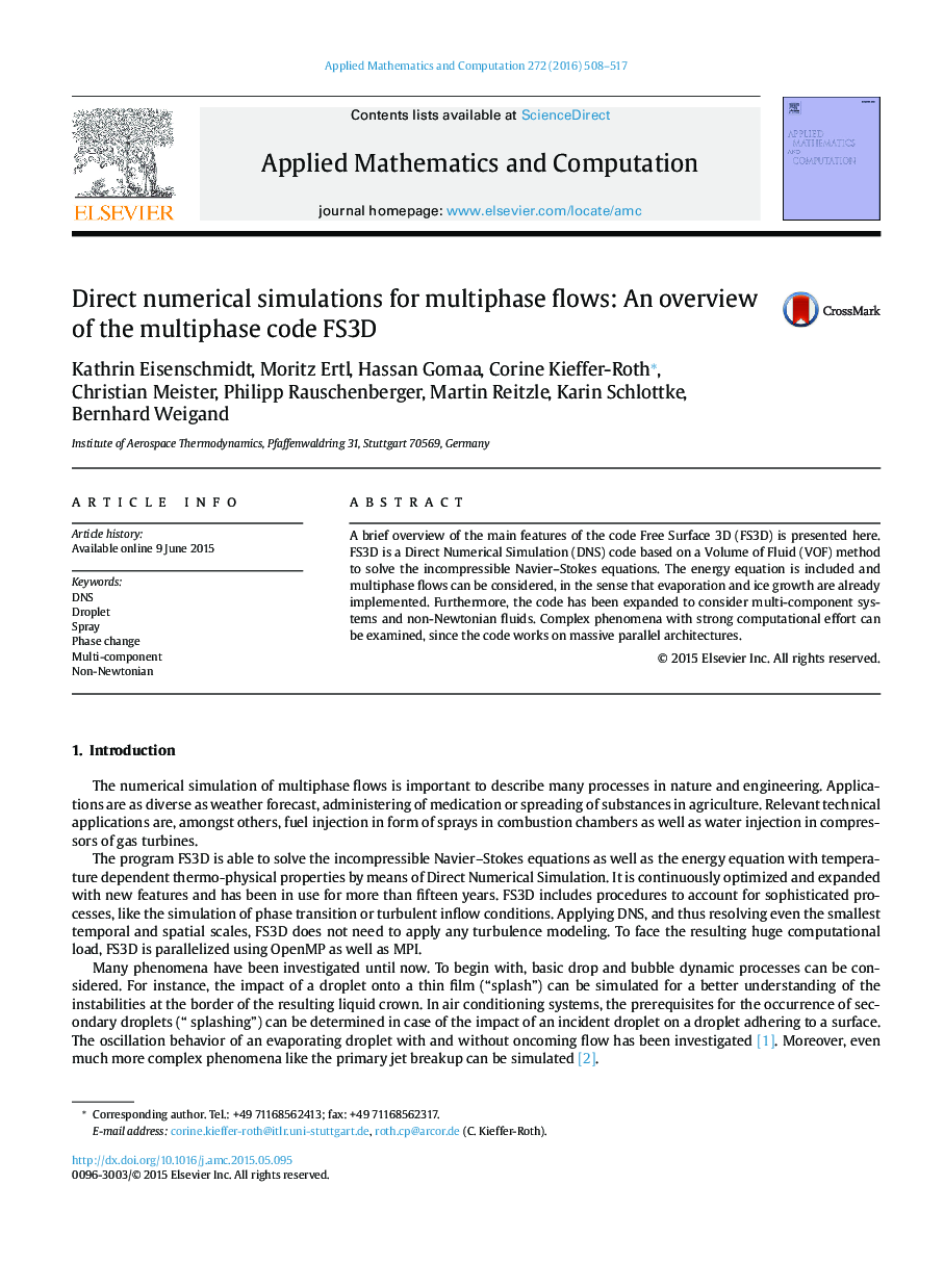 Direct numerical simulations for multiphase flows: An overview of the multiphase code FS3D