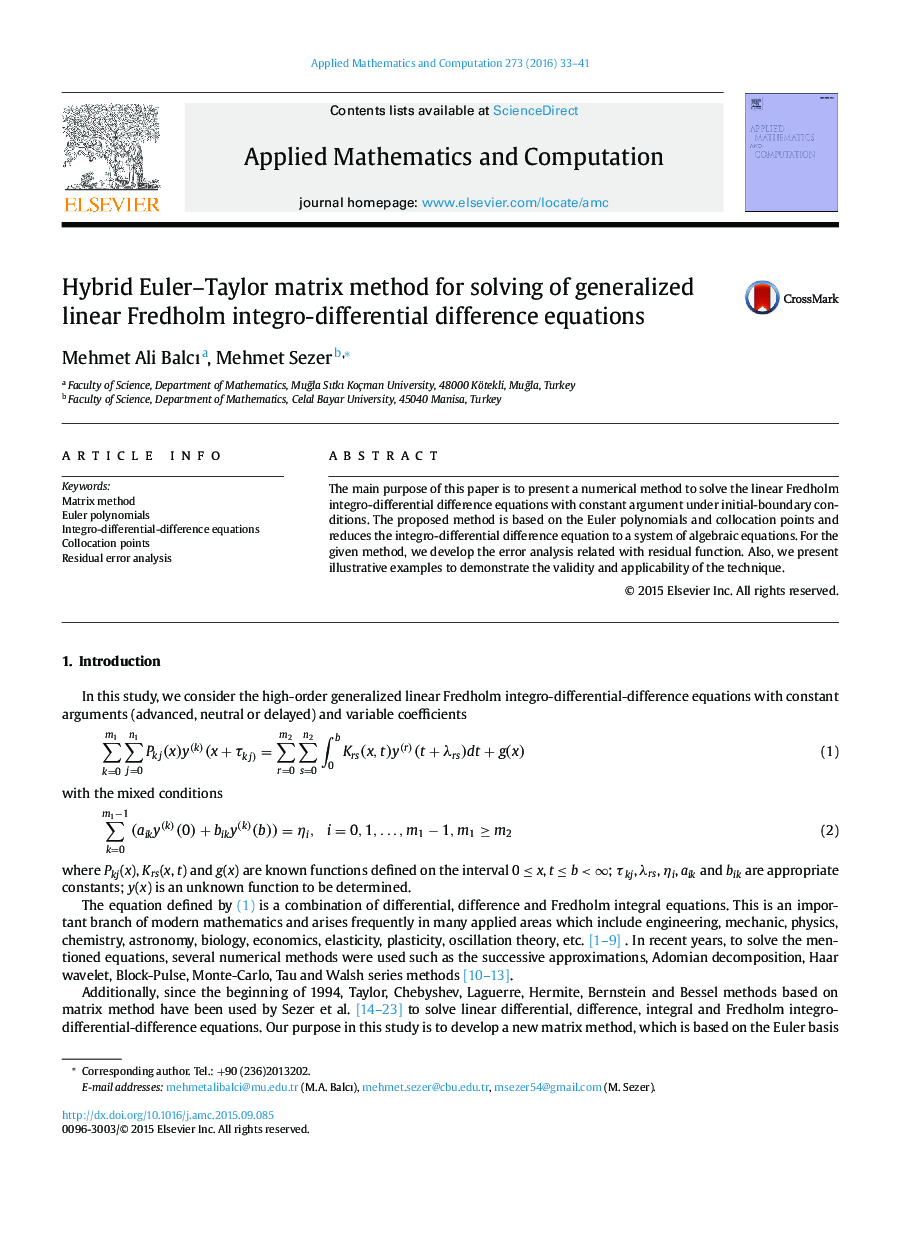 Hybrid Euler–Taylor matrix method for solving of generalized linear Fredholm integro-differential difference equations