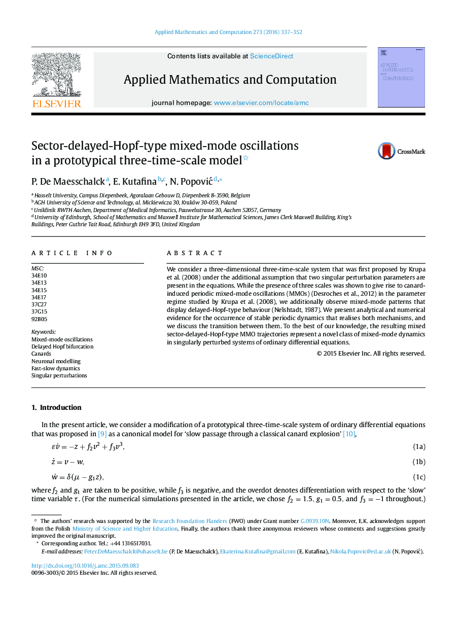 Sector-delayed-Hopf-type mixed-mode oscillations in a prototypical three-time-scale model 