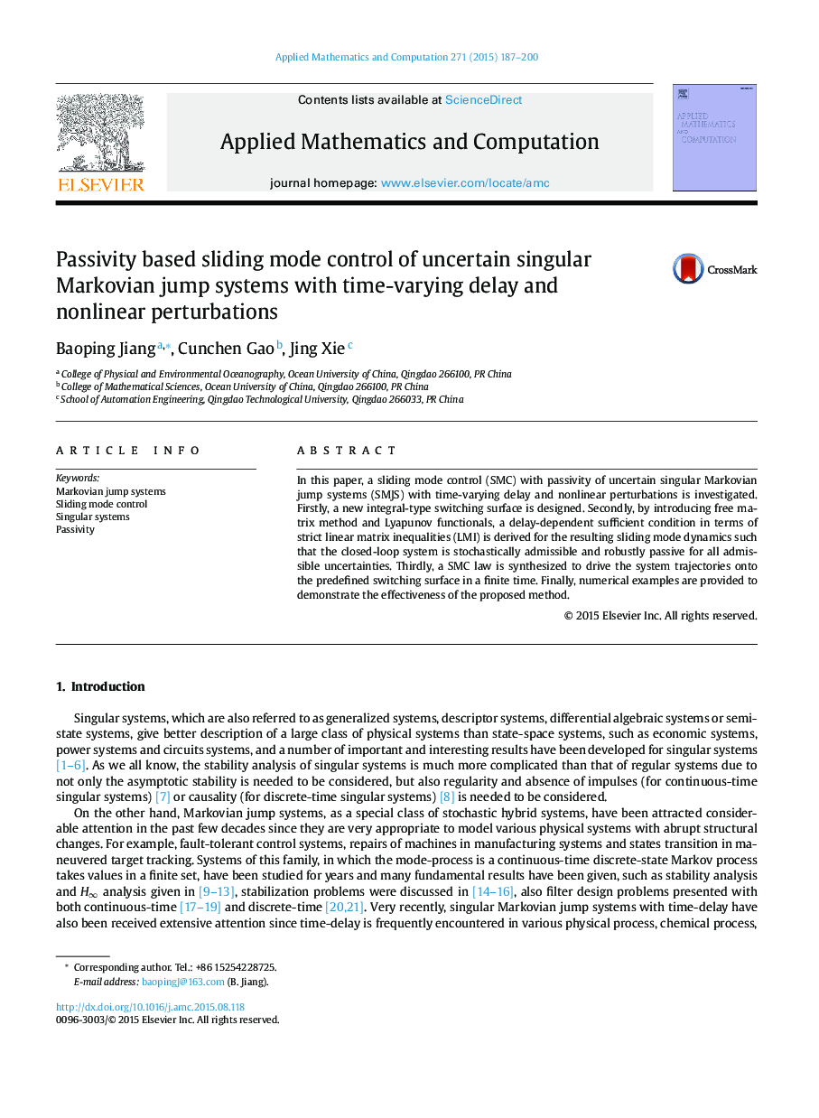 Passivity based sliding mode control of uncertain singular Markovian jump systems with time-varying delay and nonlinear perturbations